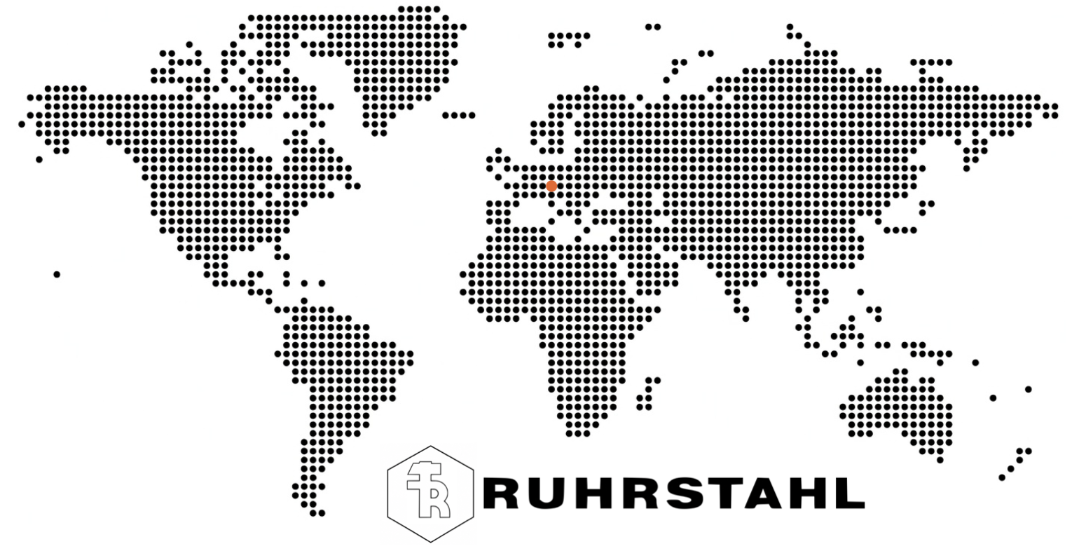 Stylised dotted world map illustrating RUHRSTAHL's international presence, with Germany highlighted in orange